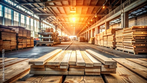 Obraz na płótnie Warehouse Lumber Inventory Rows of Stacked Wood Planks Ready for Construction and Manufacturing w salonie