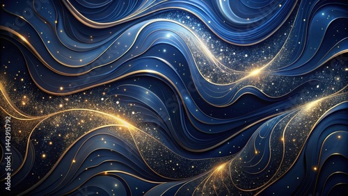 Abstract Luxury Dark Blue and Gold Swirling Waves with Sparkling Glitter Design