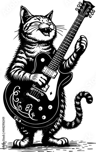 Rock Star Cat Playing Electric Guitar - Musician Feline Art music guiter vector graphics
