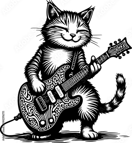 Rock Star Cat Playing Electric Guitar - Musician Feline Art music guiter vector graphics