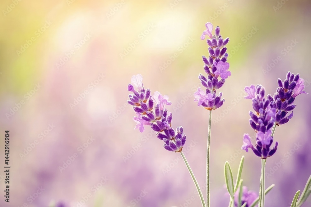 Naklejka premium Delicate lavender blossoms in a soft, sunlit field Close-up view of purple flower clusters against a blurred background of similar blooms, bathed in warm light
