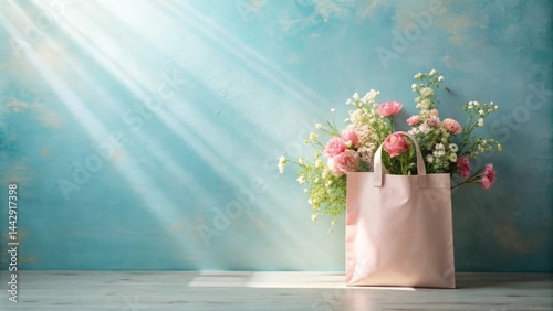 Pink Tote Bag Filled with Delicate Spring Flowers Against a Light Blue Wall with Sunbeams