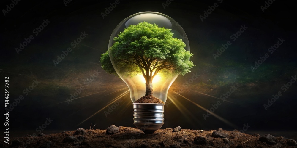 Illuminating Nature A tree flourishing within a glowing lightbulb, symbolizing sustainable energy and environmental growth.