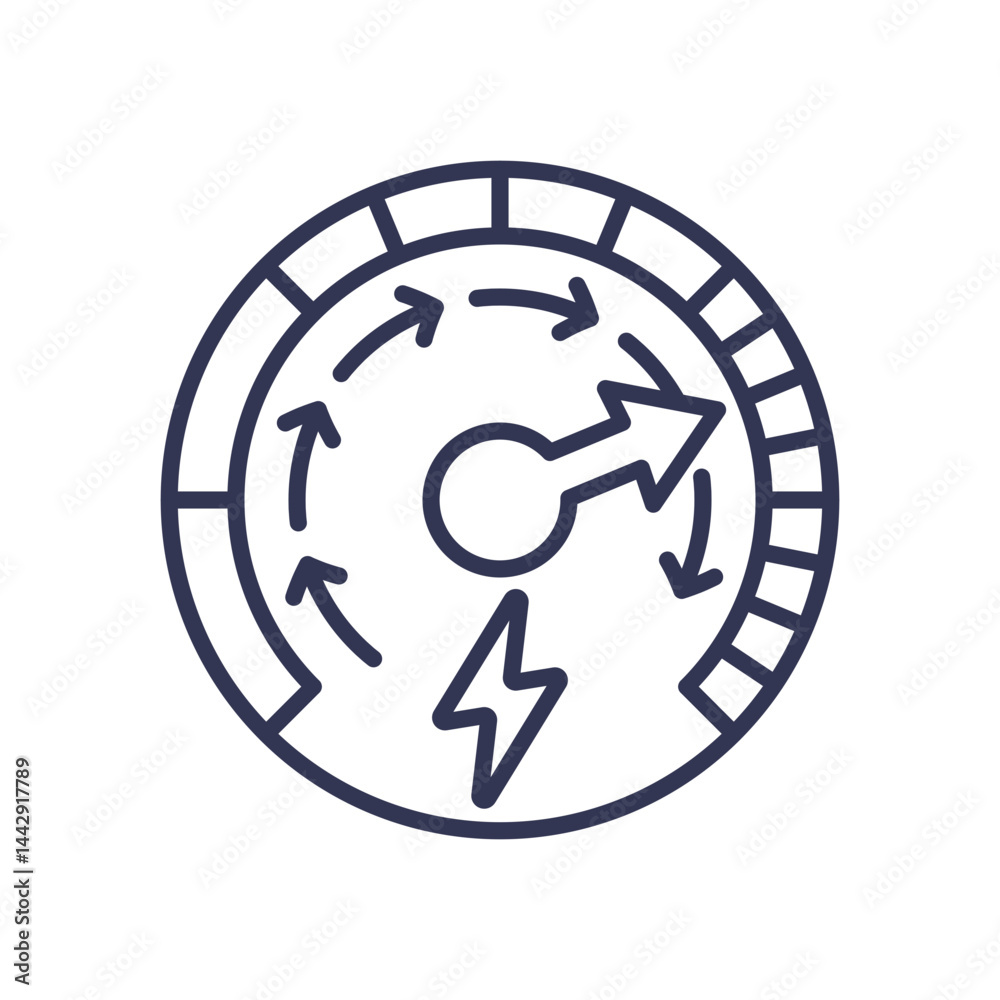 Gauge with arrows and lightning bolt symbolizing energy usage and efficiency. Gauge with arrows and lightning bolt symbolizing energy usage and efficiency.