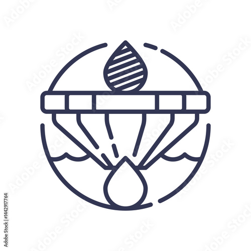 Illustration of water filtration with droplets and filter layers.