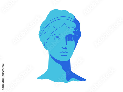 A bust of a Greek y2k statue in cool blue shades. Classic ancient silhouette character. Aesthetic 2000s sculpture.
