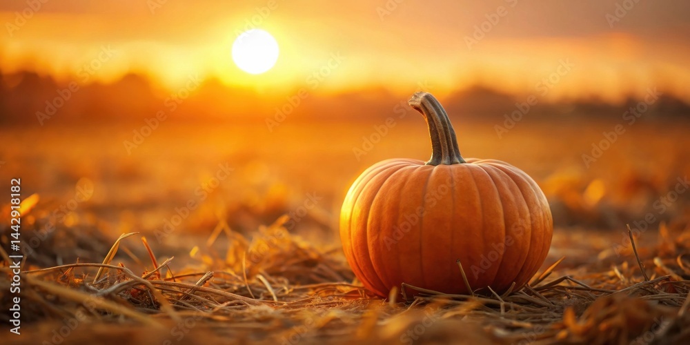 Autumnal Sunset A Single Pumpkin Rests in a Field of Dried Stalks