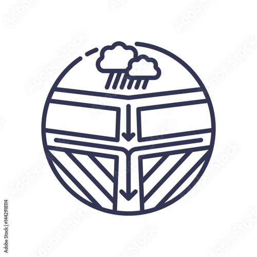 Illustration of water flow management with rain and arrows.