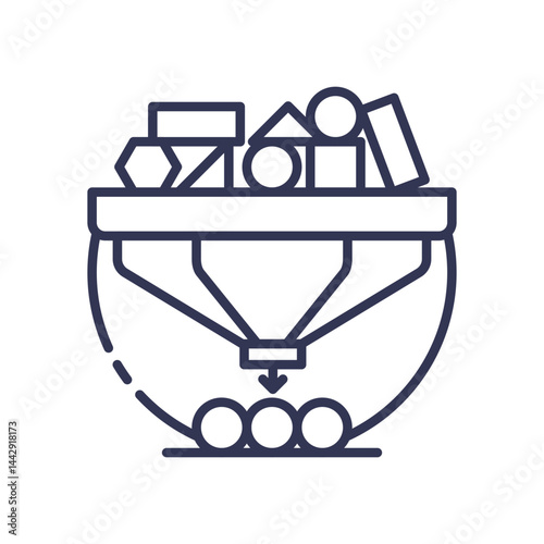 Illustration of a funnel processing various shapes into uniform outputs, symbolizing data processing.