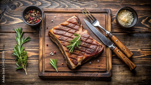 Grilled meat on rustic wooden board with herbs and spices