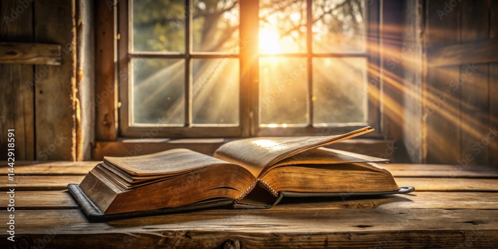Golden sunlight streams through a rustic window, illuminating an antique book resting on a weathered wooden surface.