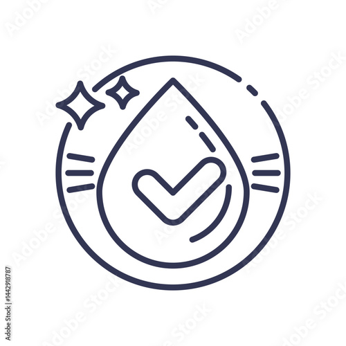 A water droplet with a checkmark symbolizes purity and assurance.