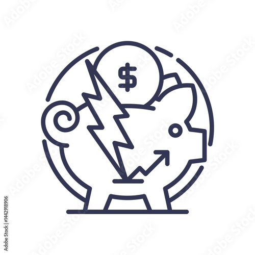 Piggy bank with lightning bolt and dollar sign symbolizes rapid profit growth.