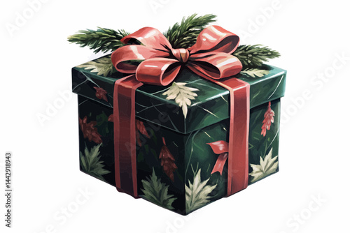 Festive gift box with floral patterns and colorful ribbon on isolated background
