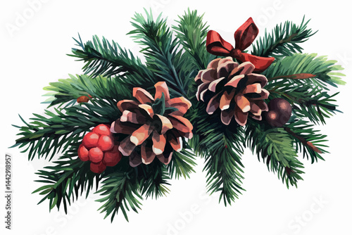 Christmas pine branches with cones and berries in festive mood on isolated background 
