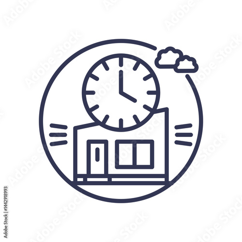 Clock over building symbolizes time management and automation.