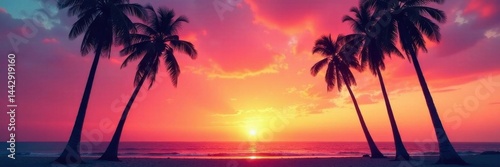 Leaning palm trees frame Santa Monica beach sunset  shadow  ocean  horizon