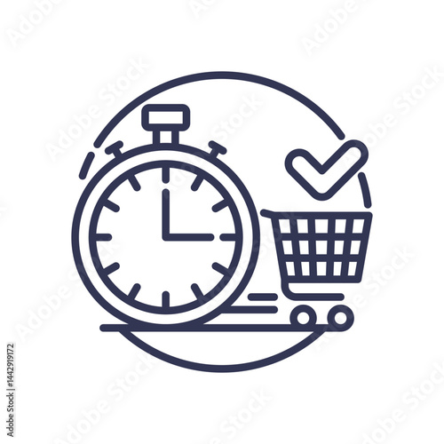Clock, shopping cart, and checkmark symbolize efficient and timely order fulfillment.