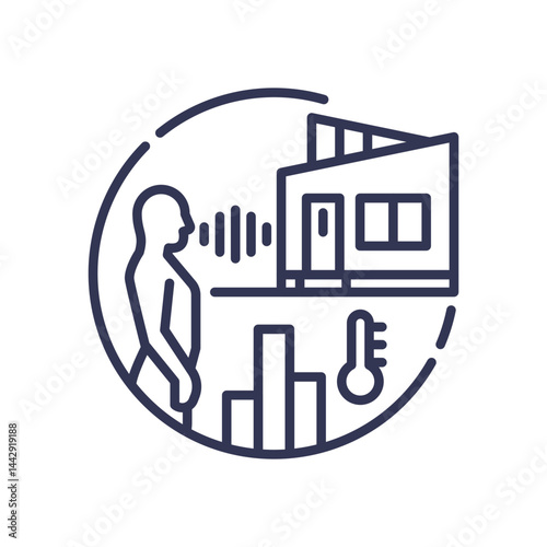 Illustration of voice control in smart home with person, sound waves, house, and thermostat.