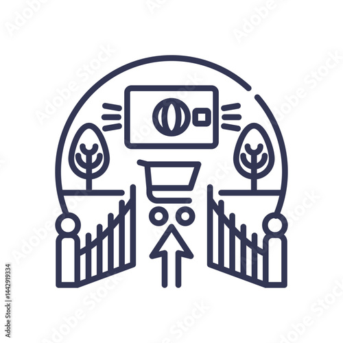 Illustration of a credit card, shopping cart, and open gates symbolizing access to shopping.