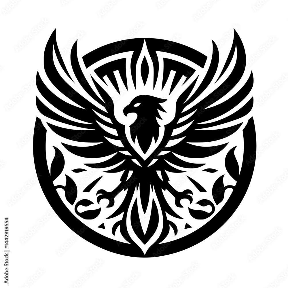 Fototapeta premium Striking Black and White Eagle or Phoenix Logo Emblem with Tribal Ornamentation in Circle