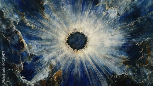 A dramatic depiction of a radiant light source emerging from dark clouds.