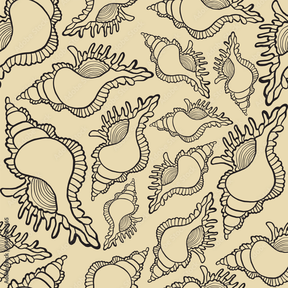 Obraz premium Seamless vector pattern of hand-drawn seashells. Marine design. Ocean pattern for textile, wallpaper and interior design. Summer print for background, textile, fabric