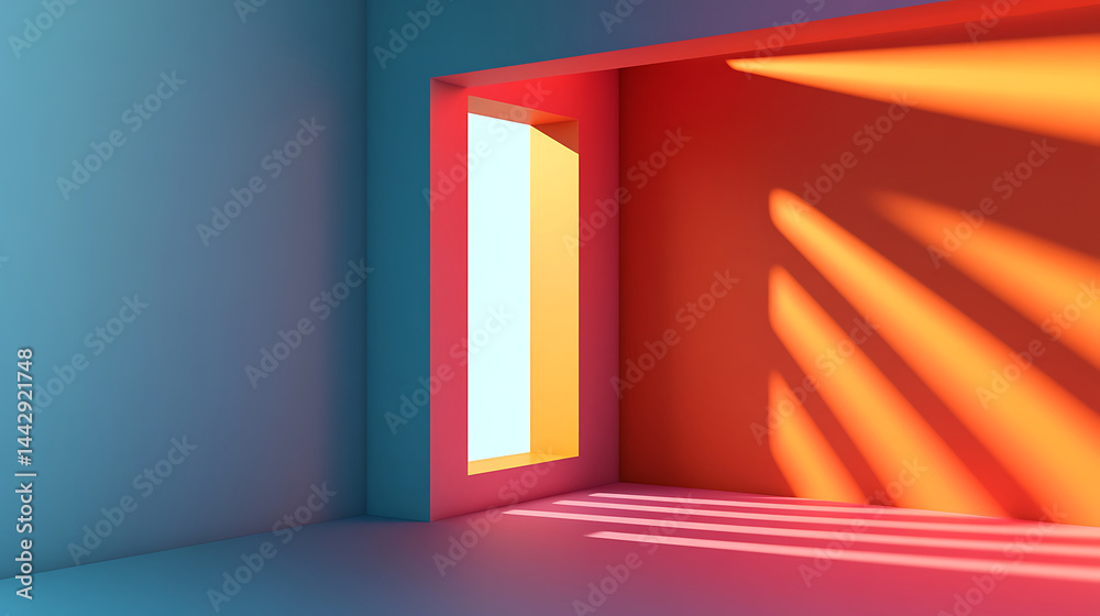 Fototapeta premium Bright sunlight casts long shadows through tall window into colorful empty room with blue and orange walls, creating warm and peaceful atmosphere