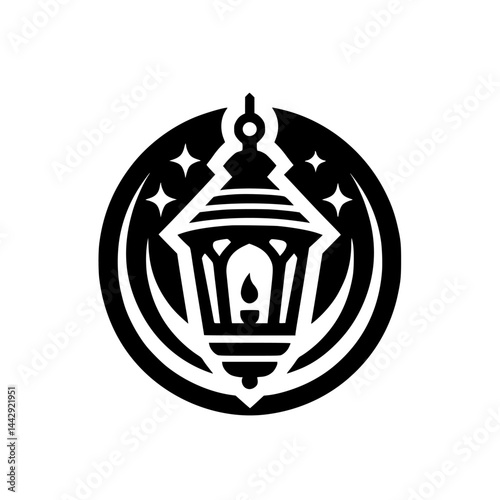 Stylized Black & White Lantern with Stars & Crescent Moon Graphic Icon