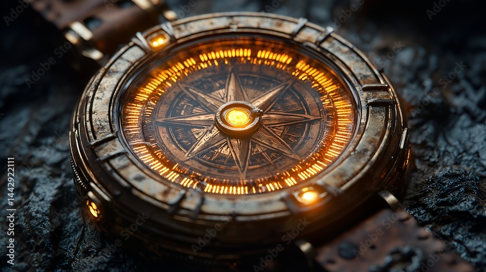 Steampunk compass watch on dark surface. Steampunk compass watch on dark surface.