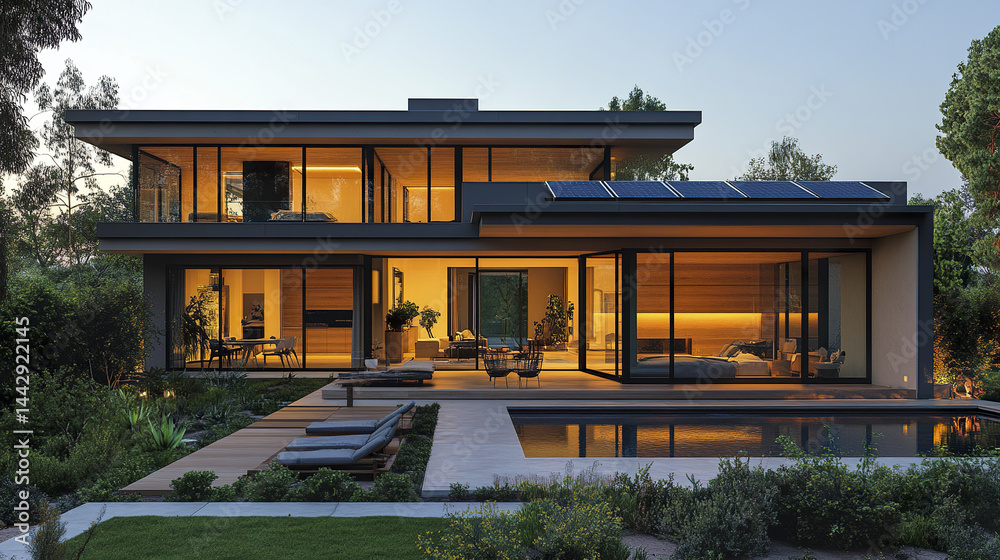 Fototapeta premium Modern sustainable home with solar panels, surrounded by greenery and serene pool area