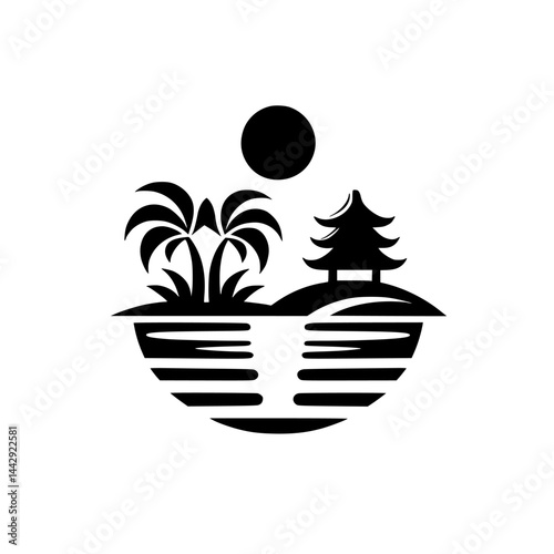 Minimalist Black & White Tropical Island Emblem with Palm Trees, Pagoda, and Sun. Simple and Iconic Exotic Travel Logo Design.
