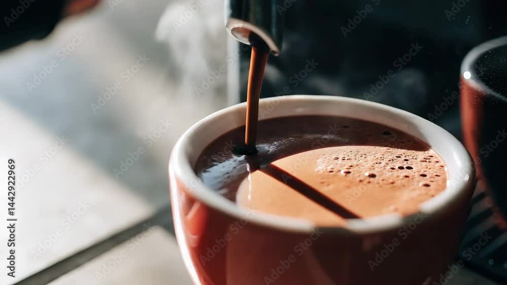 Close-up of freshly brewed coffee pouring into a ceramic cup.