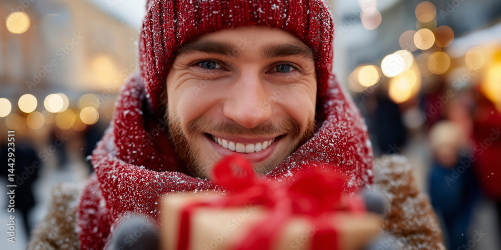Lächelnder junger Mann mit Wintermütze und Schal hält Weihnachtsgeschenk mit Bokeh-Lichtern