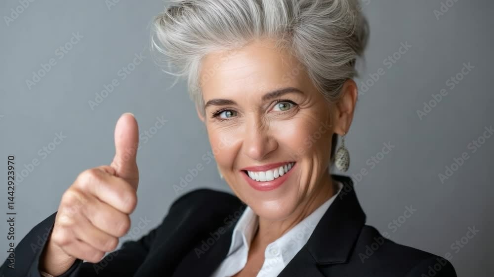 Confident Senior Businesswoman: A portrait of a successful senior businesswoman, radiating confidence as she offers a cheerful thumbs-up, showcasing her professionalism and experience. Confident Senior Businesswoman: A portrait of a successful senior businesswoman, radiating confidence as she offers a cheerful thumbs-up, showcasing her professionalism and experience.