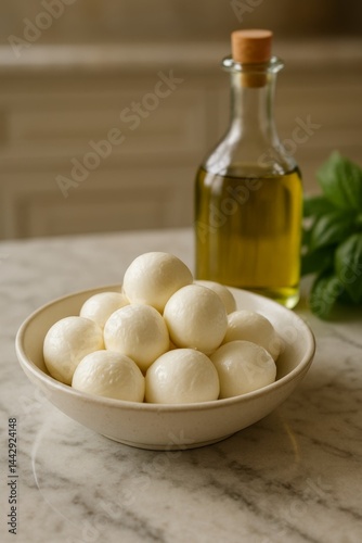 Fresh Mozzarella Balls and Olive Oil Beside Basil Leaves on a Kitchen Countertop