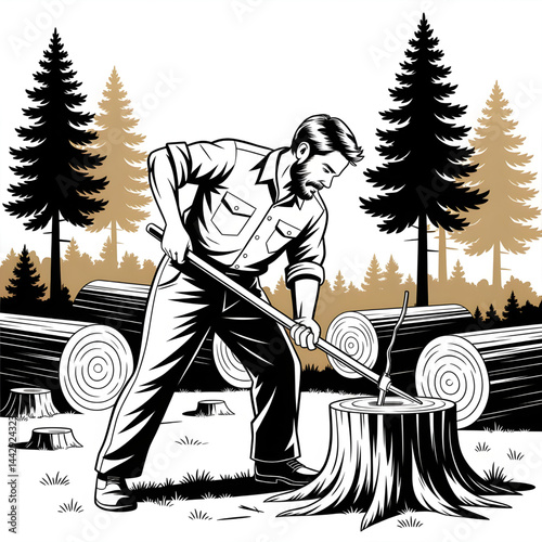 Illustration vector of A woodcutter is cutting down a tree coloring page