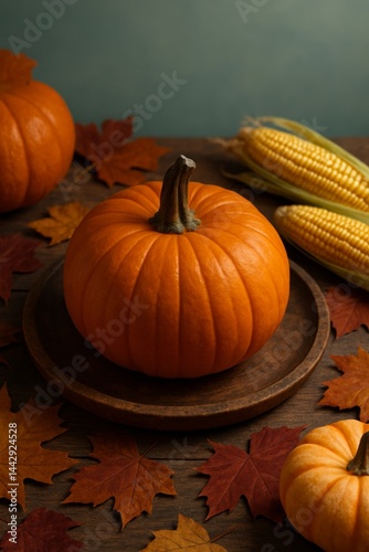 Harvest Table Arrangement With Pumpkins and Corn During Autumn Festivities