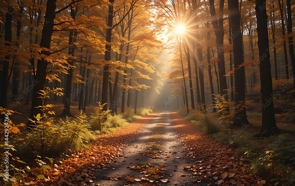 Obraz premium Autumn colored Sunlit Forest Path with Leaves