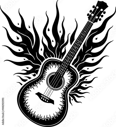 Flaming Acoustic Guitar with Tribal Flames vector