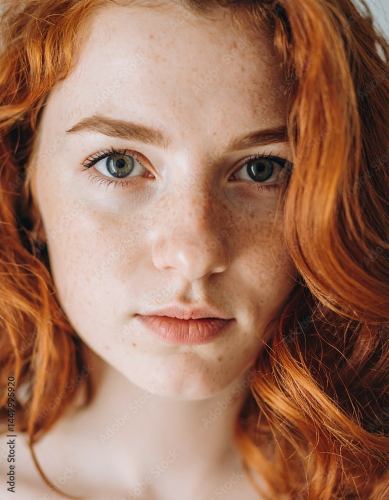 Naklejka premium A woman with red hair and freckles stares into the camera. AI Model.