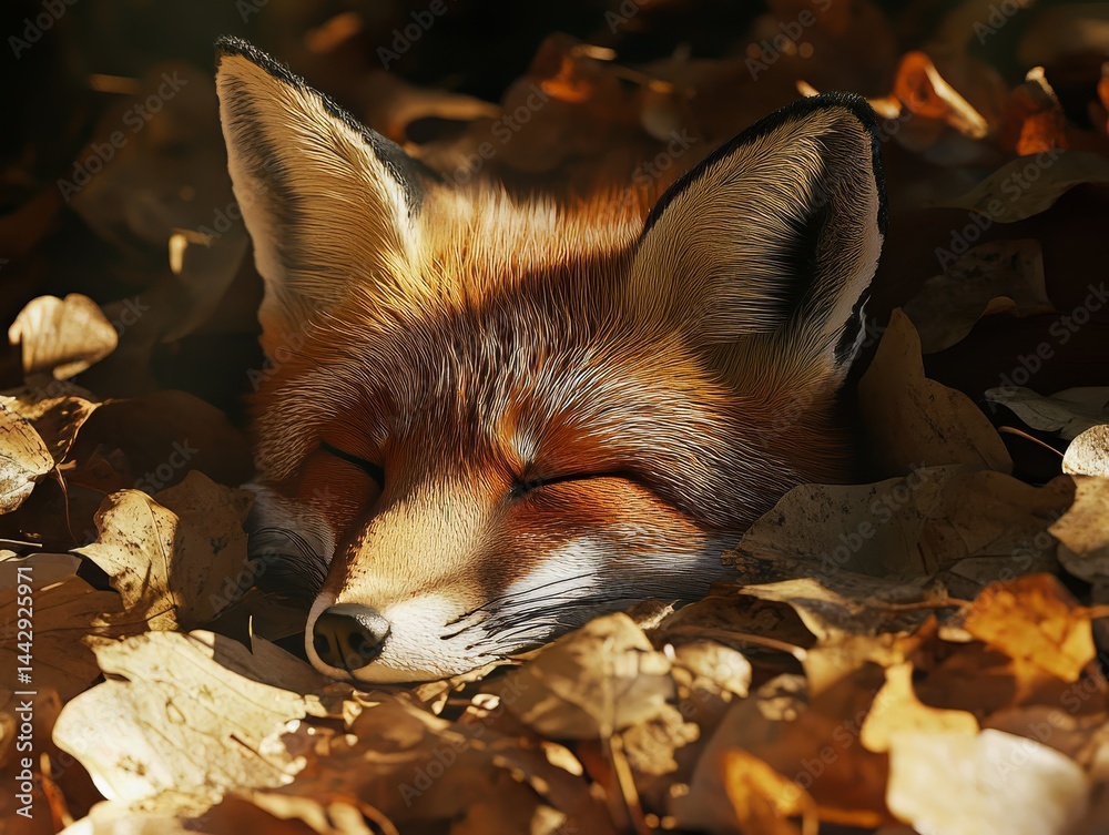 Fototapeta premium A red fox peacefully sleeping among autumn leaves.