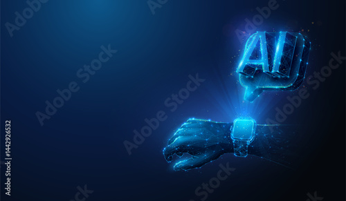 Lowpoly Smart Watch With AI Reply Message. Abstract vector illustration on futuristic wearable hardware equipped with artificial intelligence technology concept by wireframe mesh on blue background