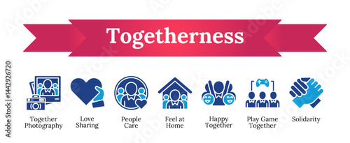 Togetherness - Photography, love sharing, people care, feel at home, happy together, play game together, solidarity vector icon sheet collection glyph dual tone blue