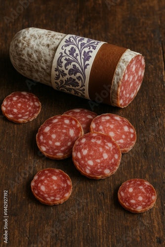 Slices of Salami Beside a Traditional Cured Sausage on a Rustic Wooden Table