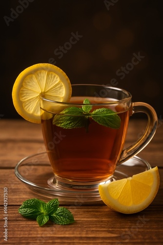 Refreshing Herbal Tea With Lemon and Mint Leaves Served in a Glass Cup on a W...