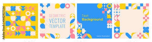 Geometric Abstract Banners with copy space. Colorful square Background of simple geometric shapes in swiss style for Flyer, Cards, Presentation. Vector template.