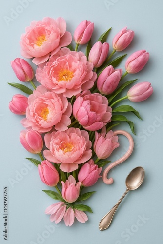 Beautiful Floral Arrangement Featuring Pink Peonies and Tulips on a Pastel Ba...