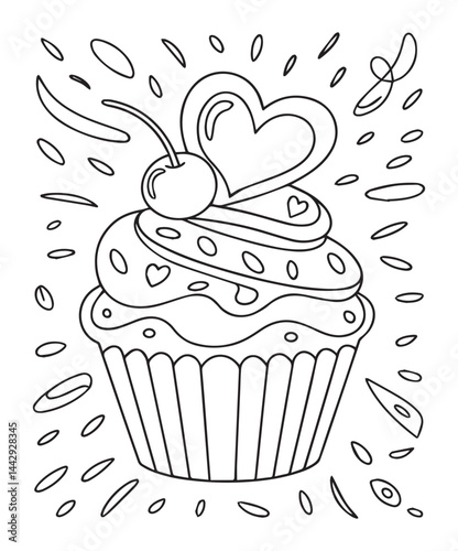 Cute cupcake decoration with heart shape coloring page for kids, black line art vector illustration on white background