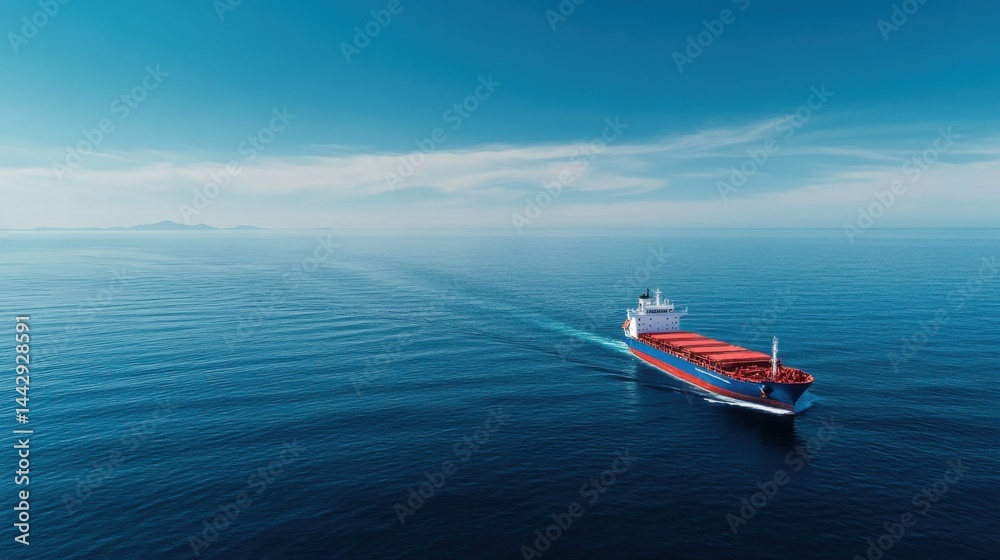 Naklejka premium Cargo Ship Navigating Calm Seas under a Clear Blue Sky
